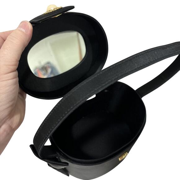 Carla Marchi Black Satin Evening Bag Top Handle Hard Case Purse Bow Rhinestones - Picture 8 of 10